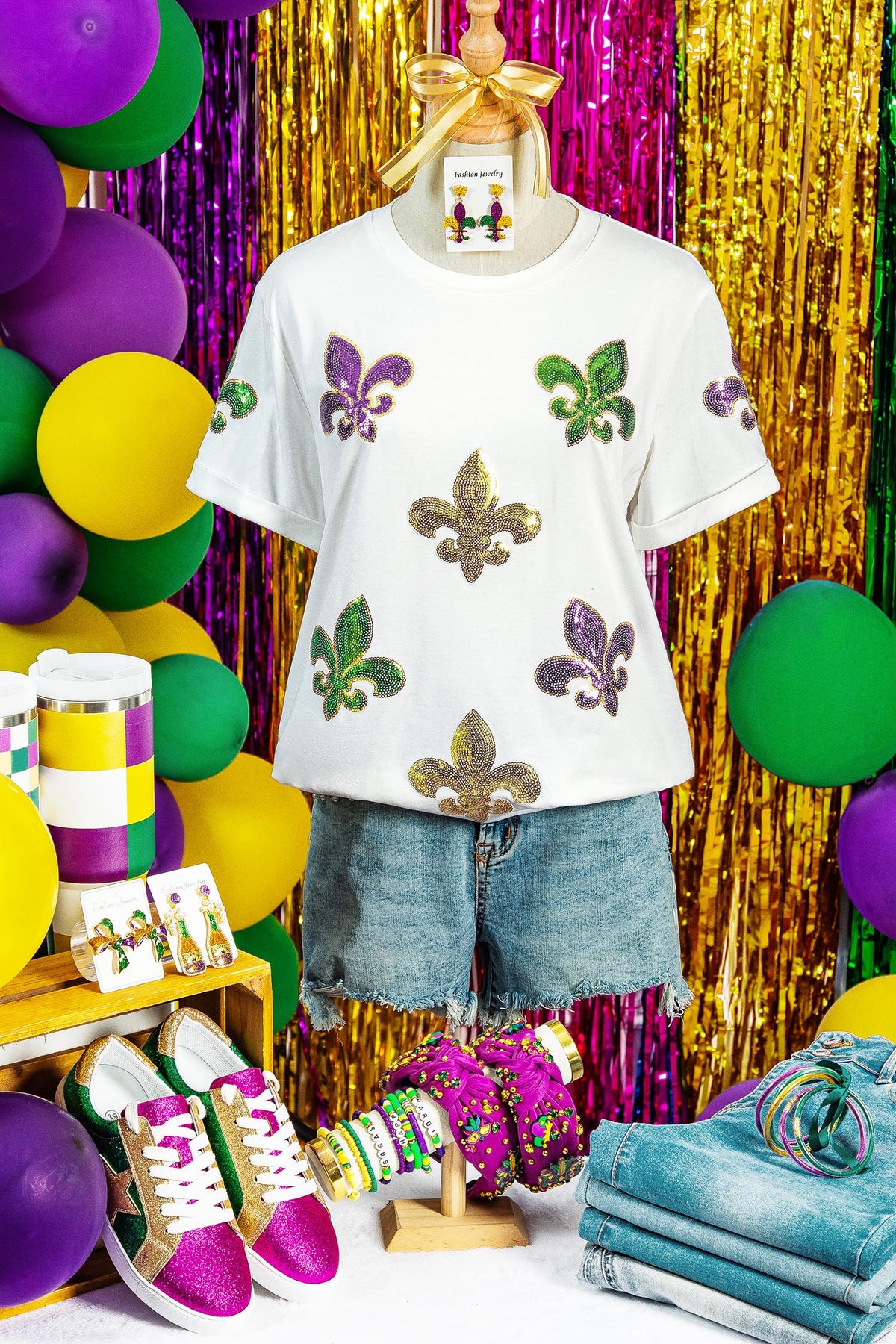White Mardi Gras Fleur De Lis Sequin Graphic T-Shirt
