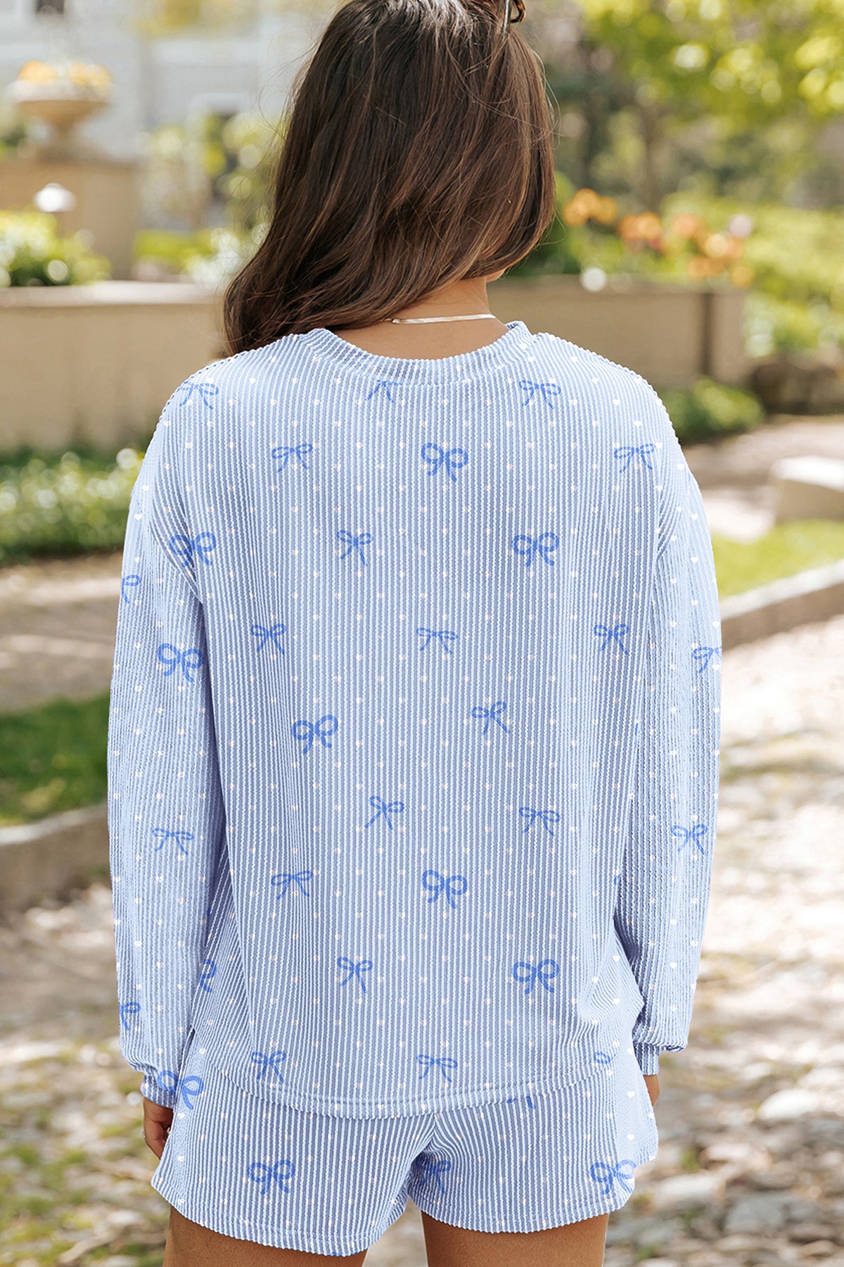 Women's Sky Blue Valentines Bow Print Twisted Rib Loose Long-Sleeve Top Two-Piece Shorts Set