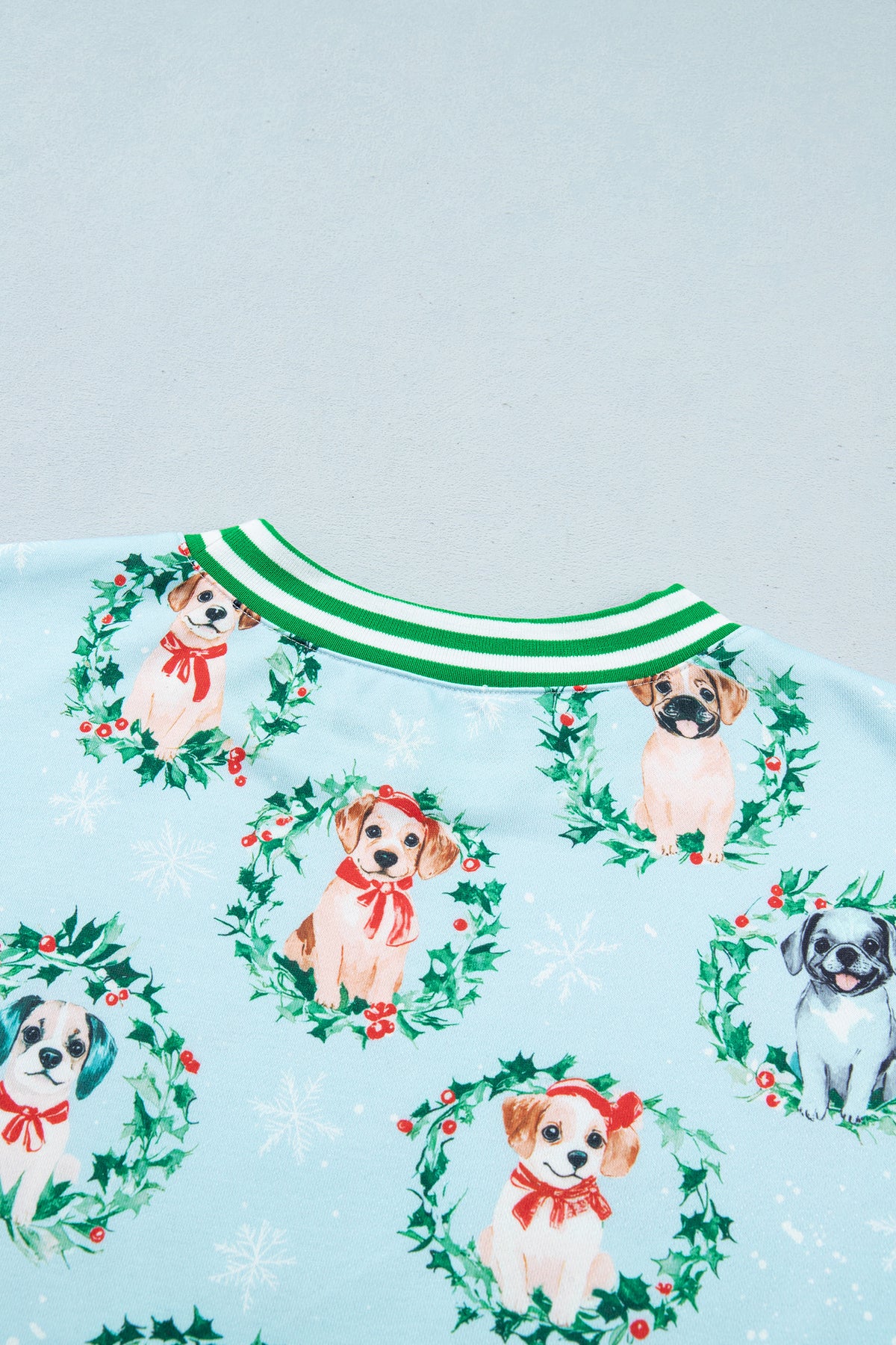 Sky Blue Abstract Dog Print Ribbed Cuff Round Neck Sweatshirt