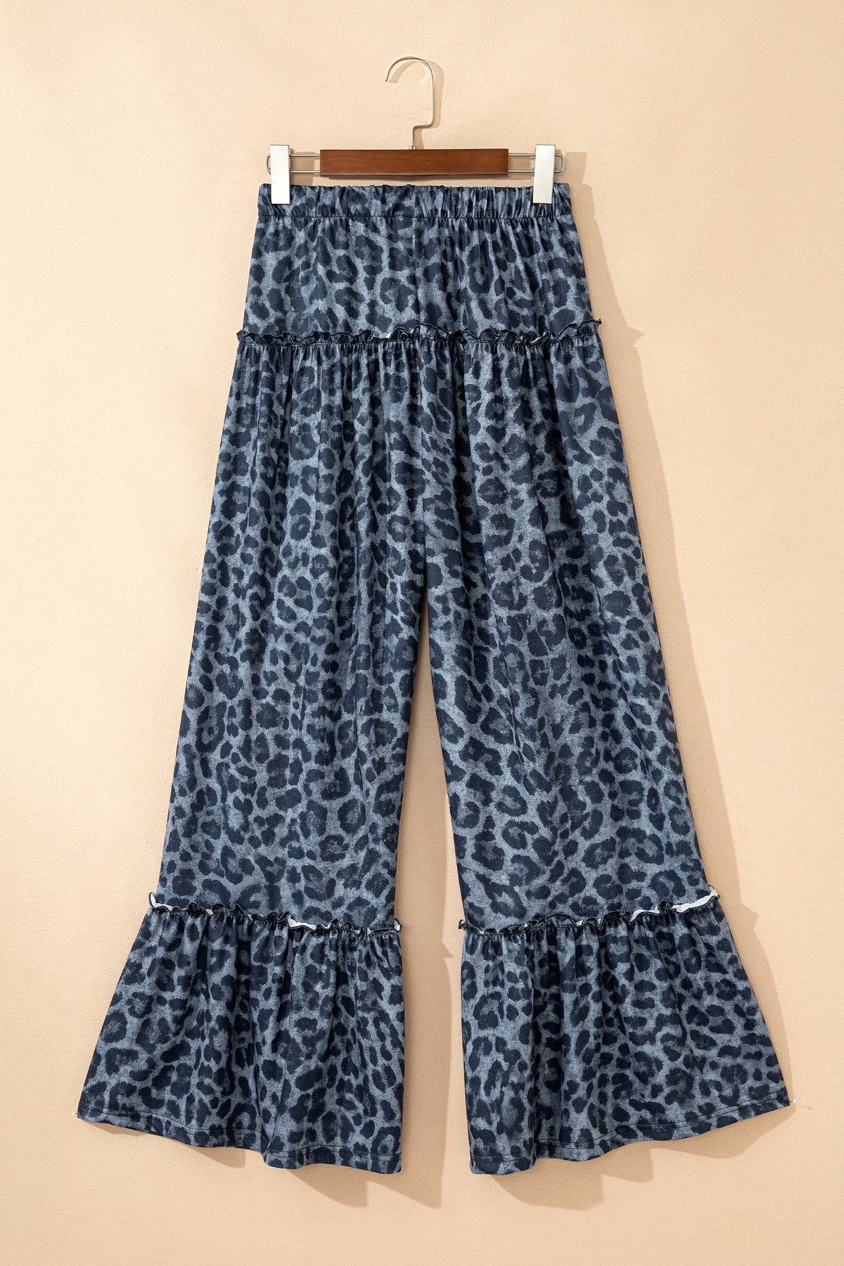 Gray Wild Leopard Print Frilled Drawstring Wide Leg Pants