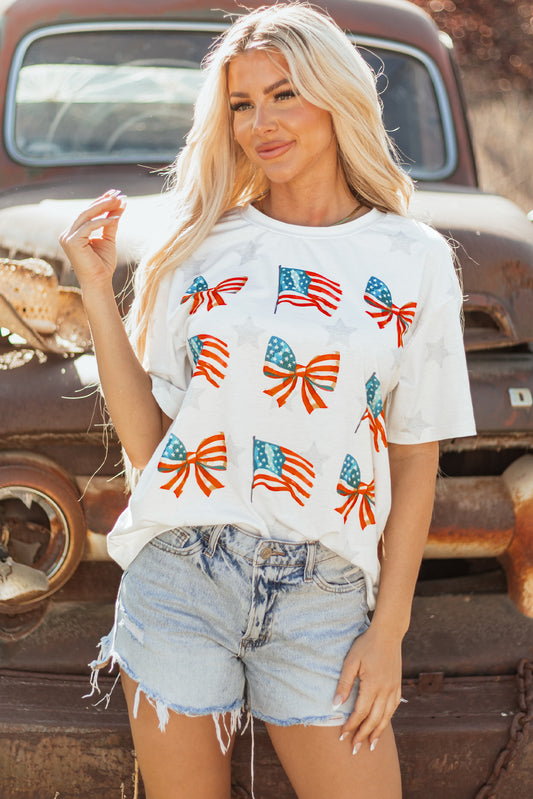 Khaki Patriotic Flag Bow Graphic Starry Round Neck T-Shirt