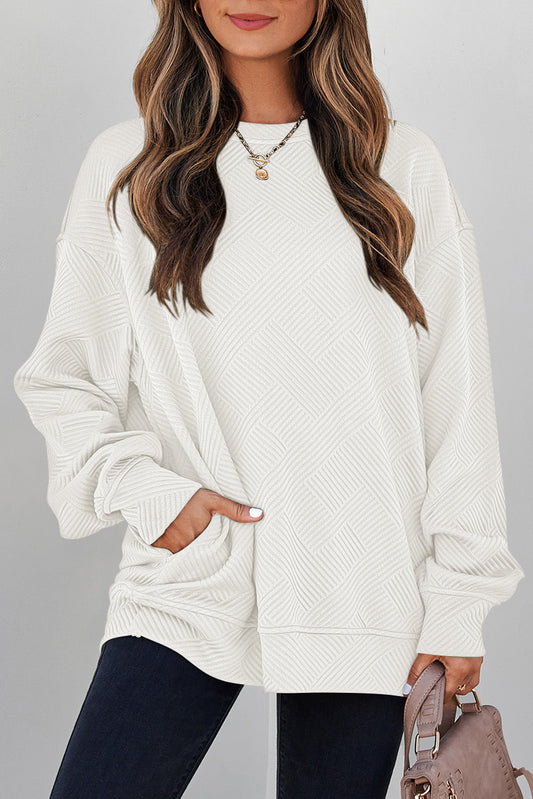 White Solid Color Textured Round Neck Sweatshirt