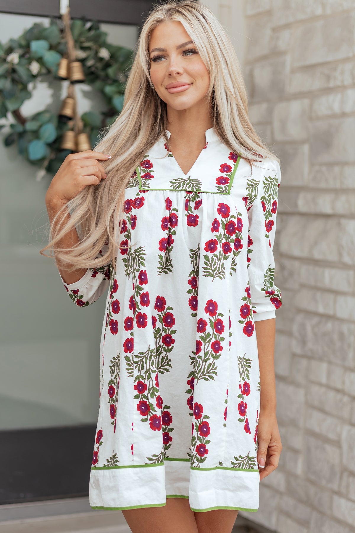 White Frilled V Neck 3/4 Sleeve Loose Floral Dress