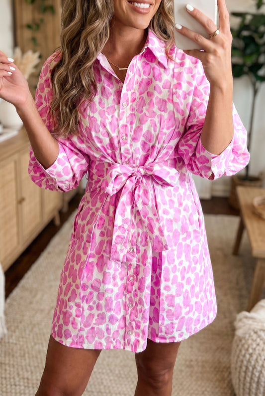 Pink Abstract Leopard Print Puff Sleeve Mini Shirt Dress