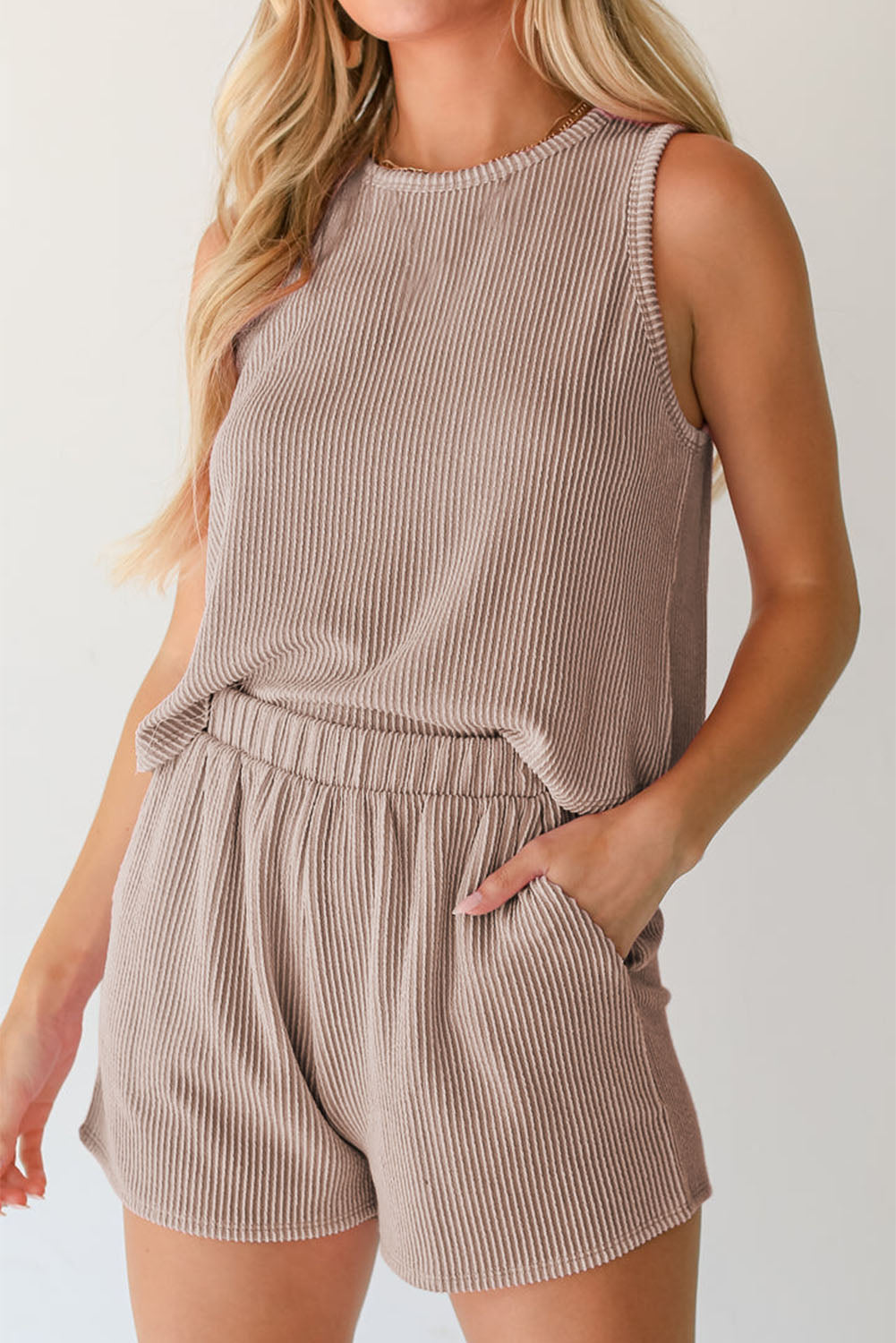 Women's Smoke Gray Corded Sleeveless Top & Pocketed Shorts Set
