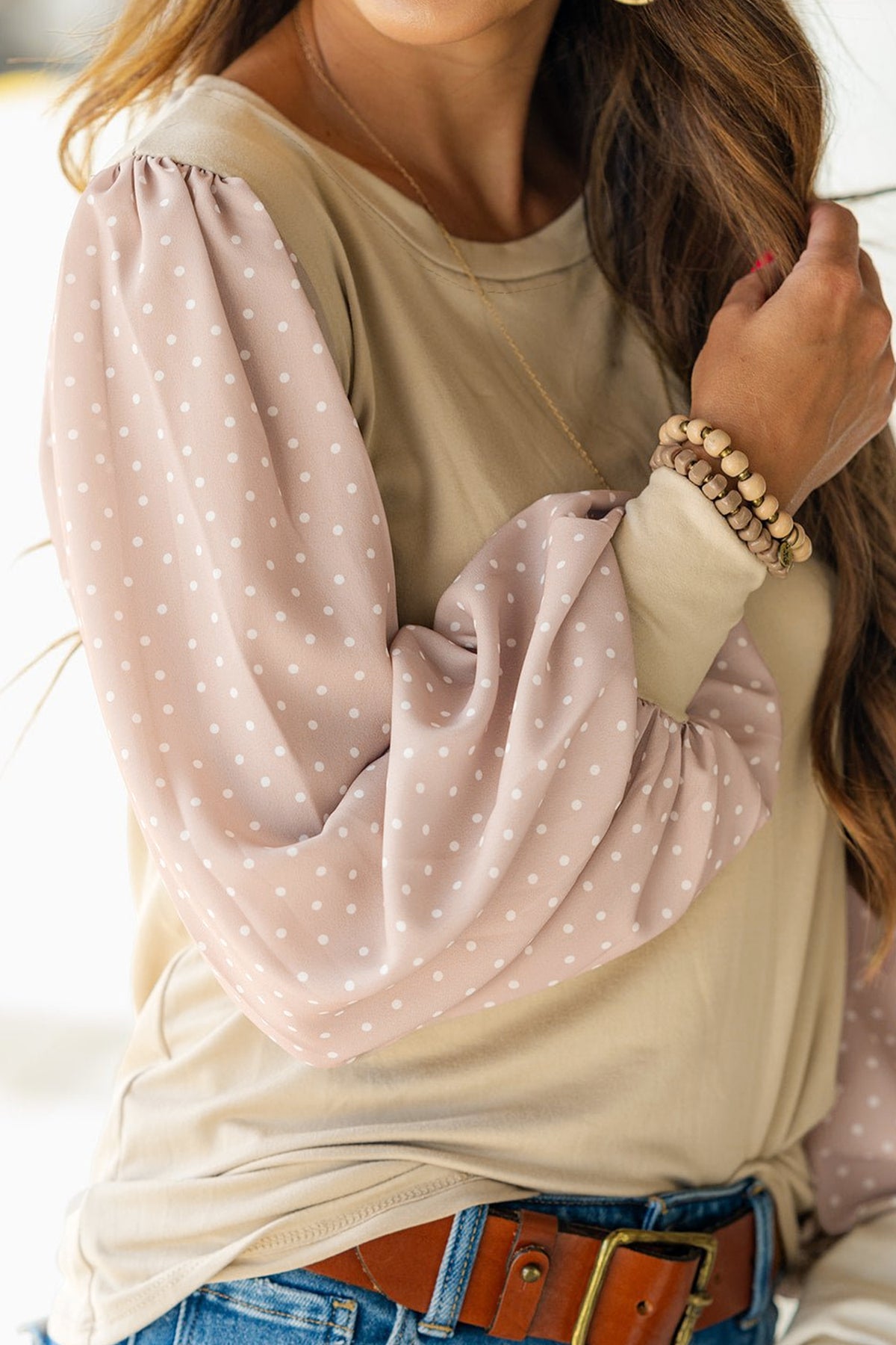 Parchment Polka Dot Long-Sleeve Round-Neck Plus Size Blouse