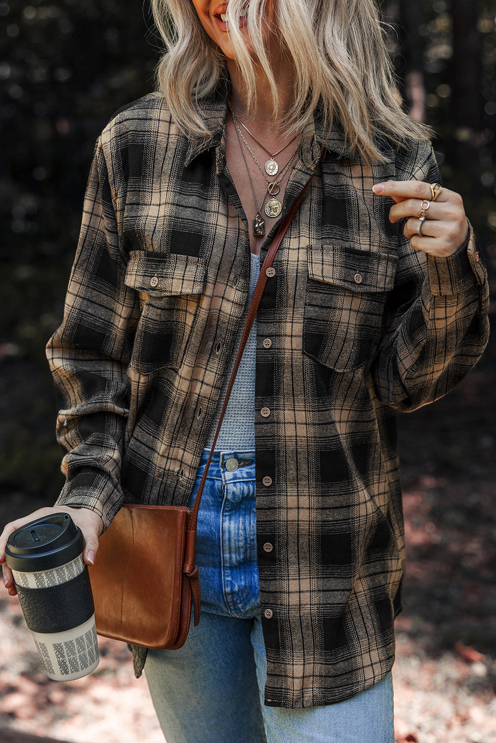 Multicolour Retro Plaid Double Flap Pocket Brushed Shacket