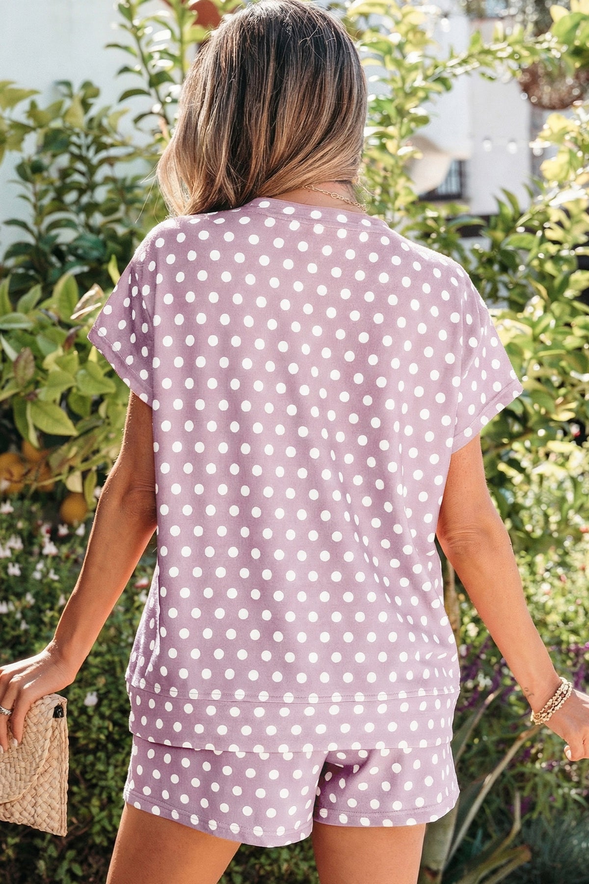 Women's Pink Polka Dot Print Shorts Two-Piece Set