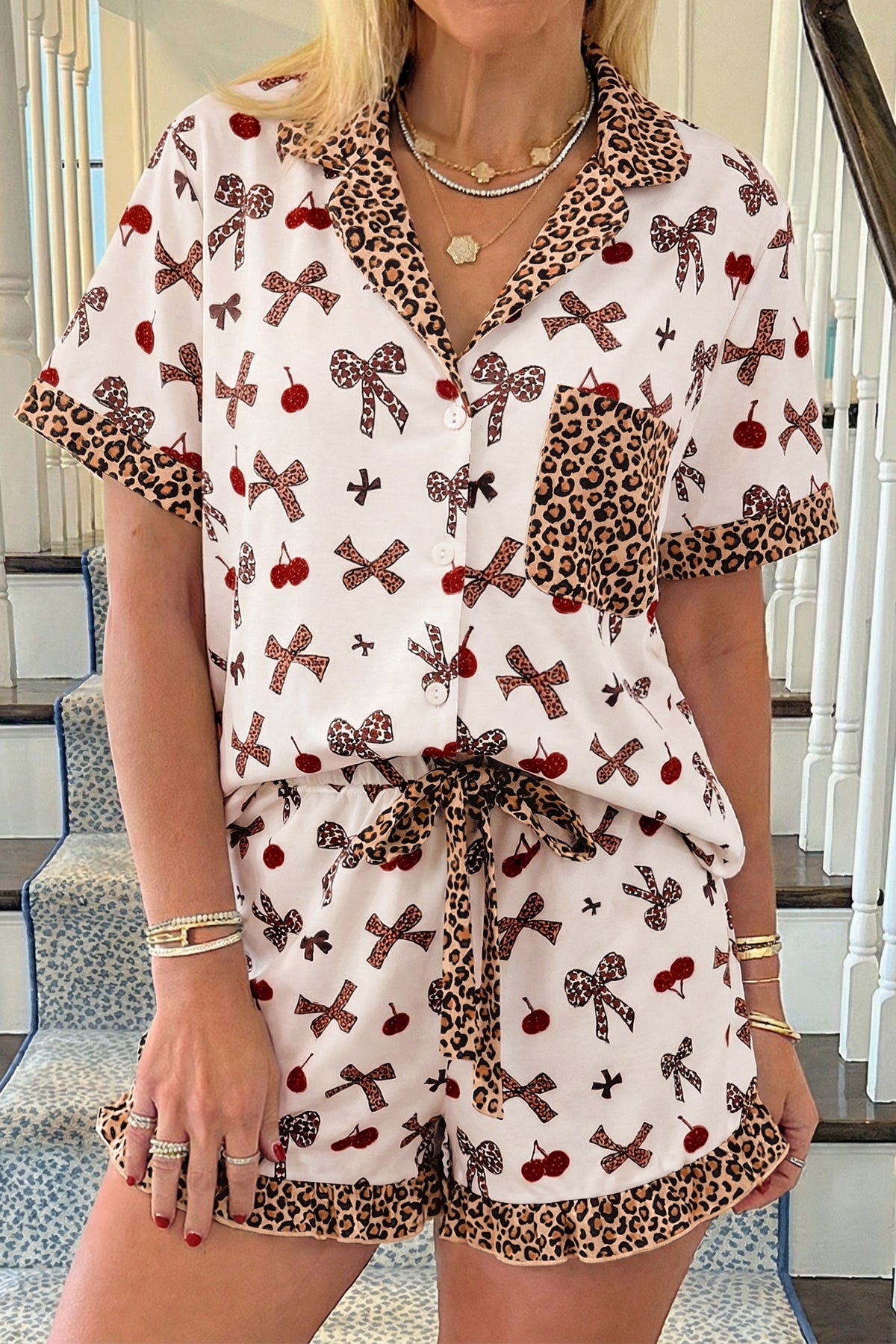 White Bow Cherry Leopard Patchwork Shirt and Shorts Pajama Set
