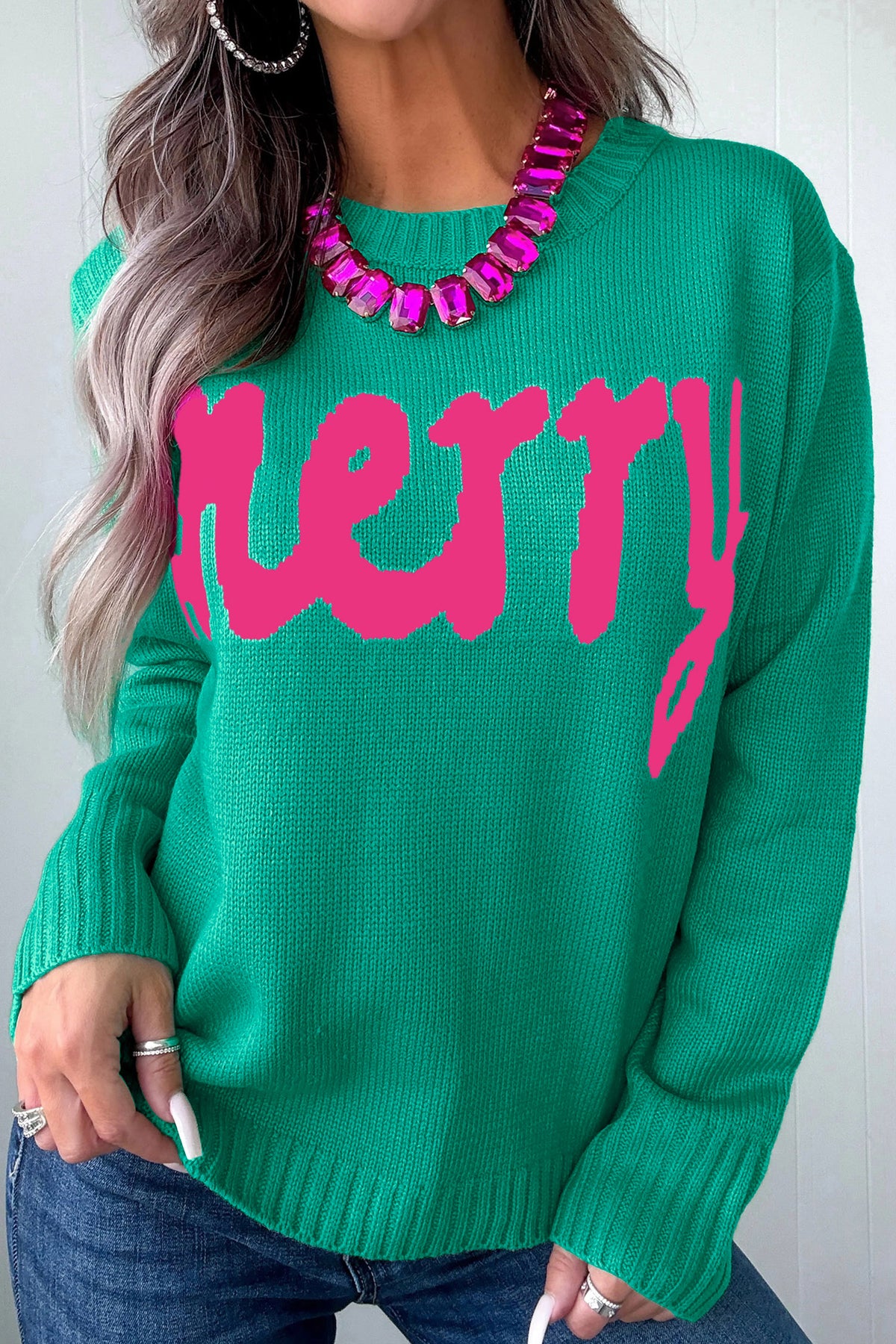 Rose Red Merry Print Ribbed Trim Round Neck Loose Fit Sweater
