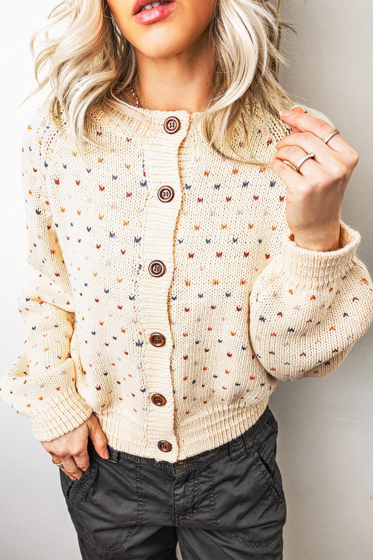 Beige Geometric Print Button Front Long Sleeve Cardigan