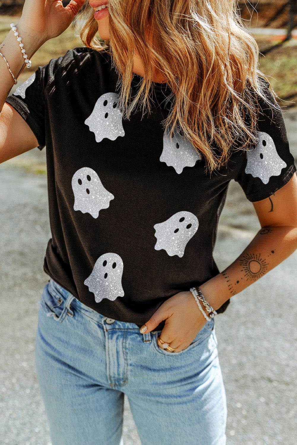 Black Glitter Ghost Pattern Crew Neck Halloween T-Shirt