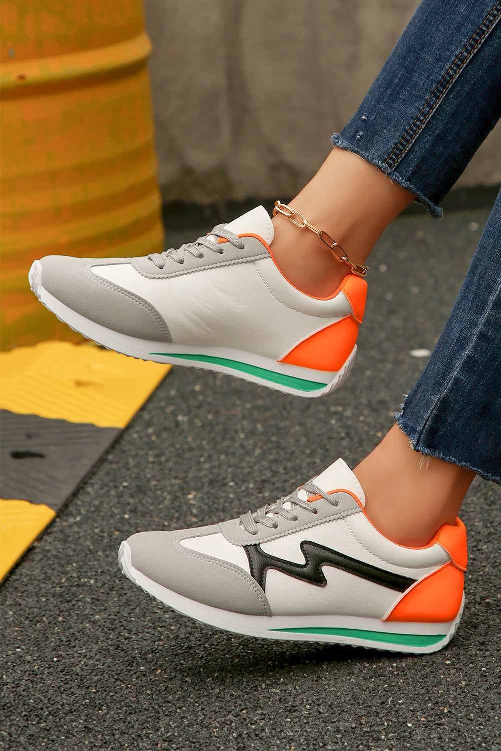 White PU Leather Color Block Patchwork Lace-Up Sneakers