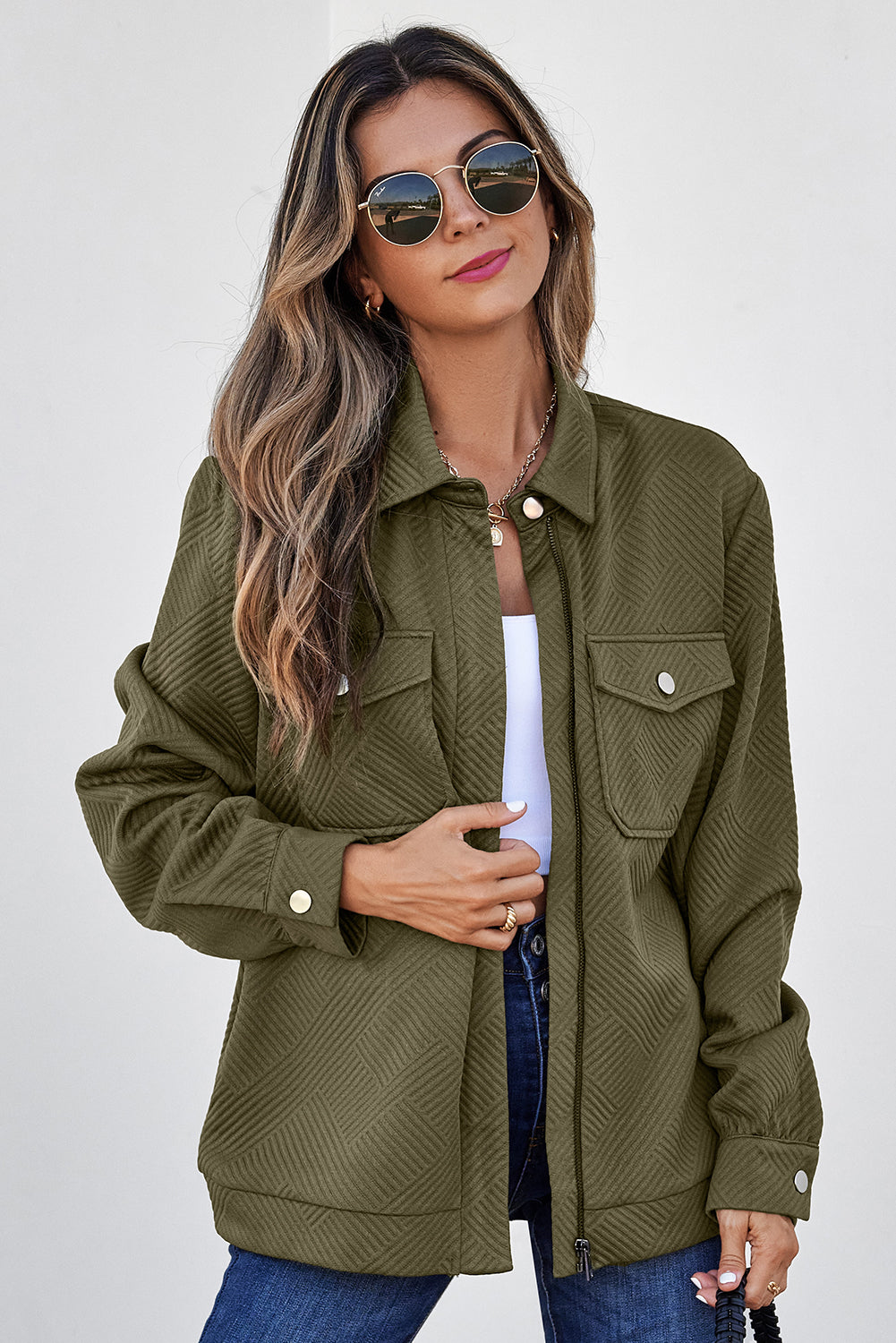 Blackish Green Zip Up Button Flap Pocket Shirt Collar Jacket