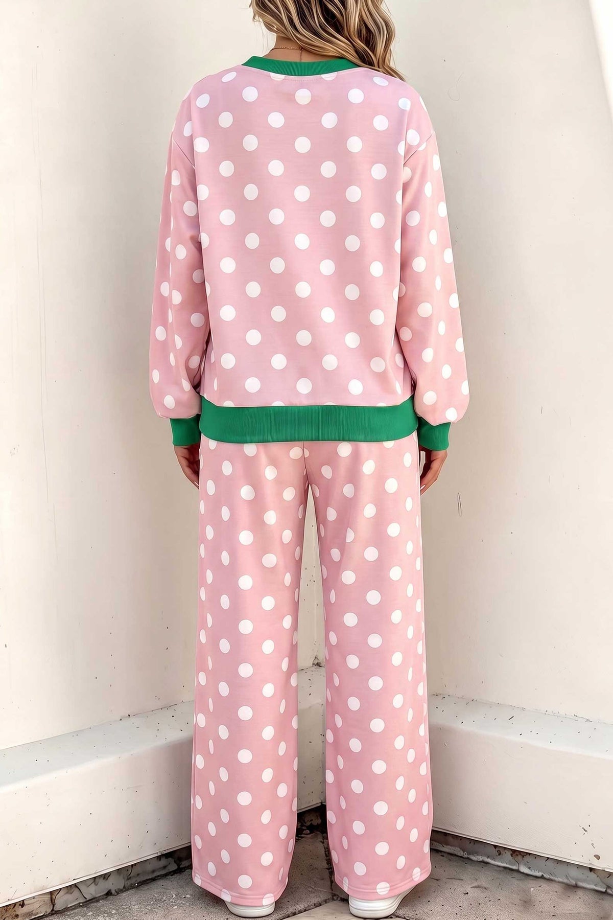 Women's Sky Blue Polka Dot Contrast Trim Long-Sleeve Top Drawstring Shift Pants Set