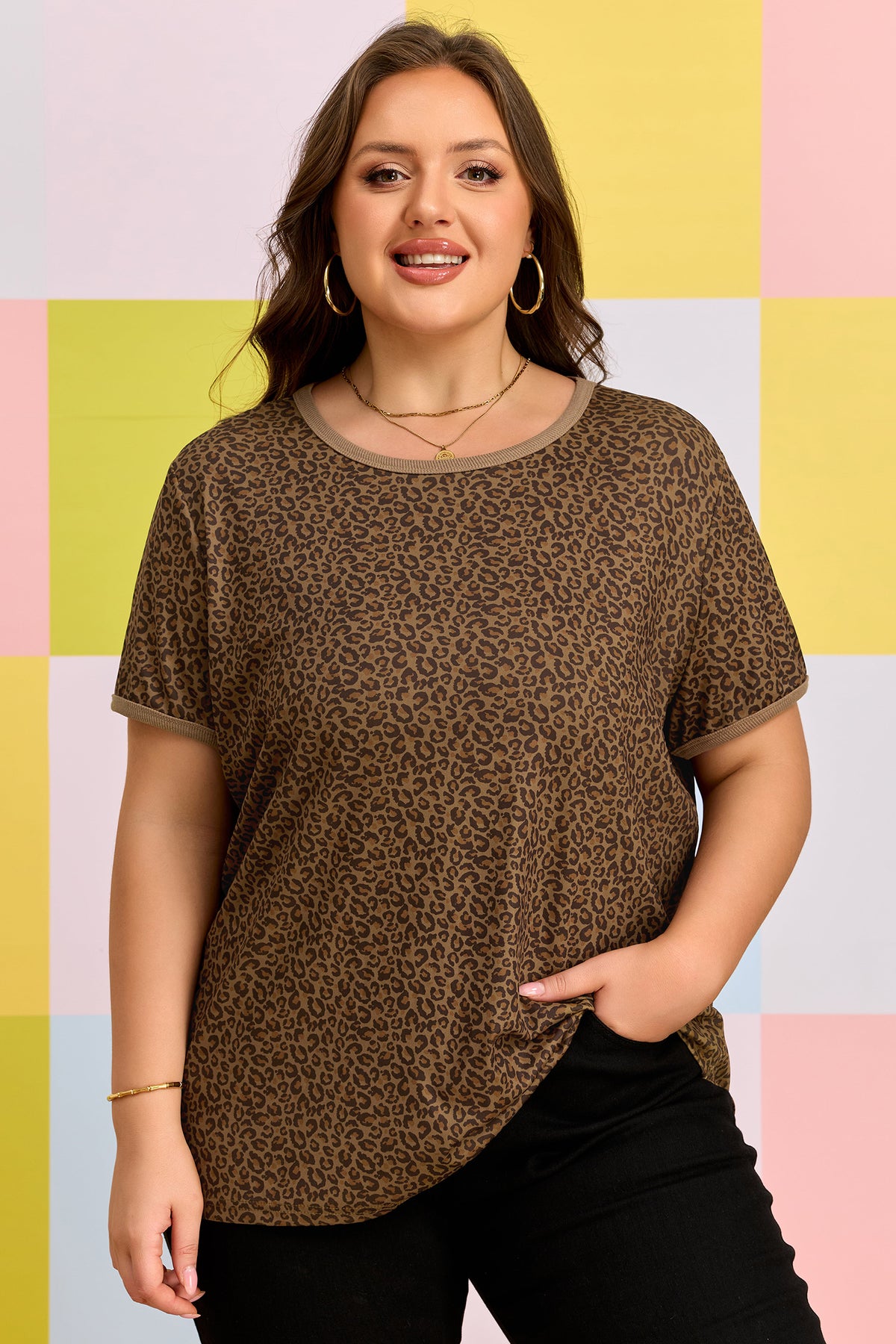 Khaki Plus Size Leopard Print Ribbed Trim Round-Neck Tee