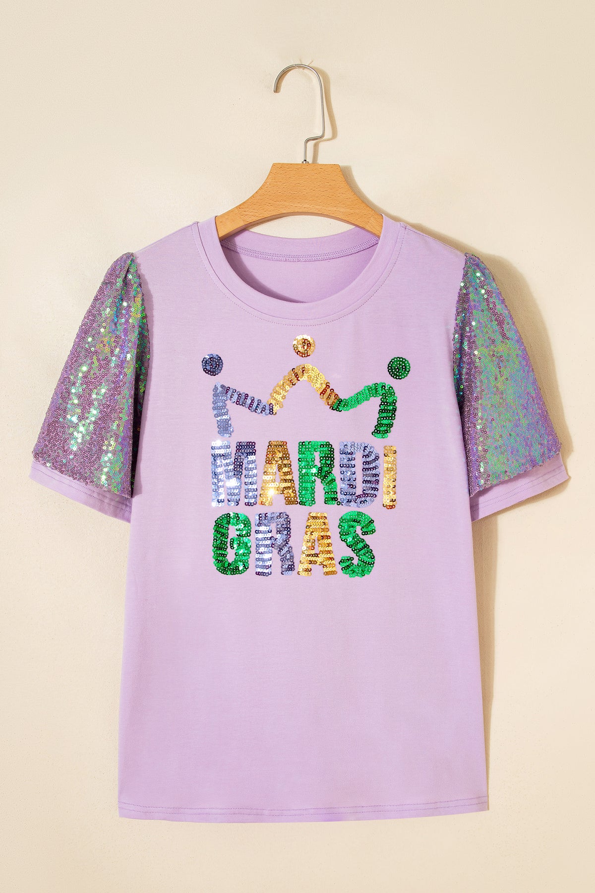 Orchid Petal Sequined MARDI GRAS Graphic Patchwork T Shirt