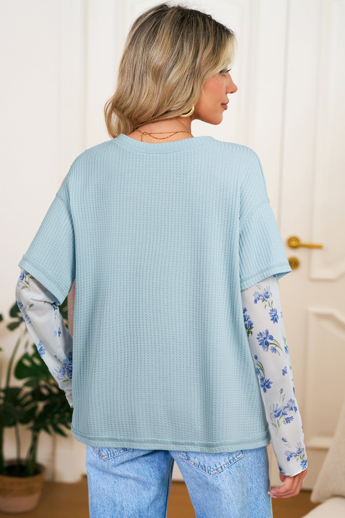 Beau Blue Floral Lace Sleeve Patchwork Waffle Faux Layered Top
