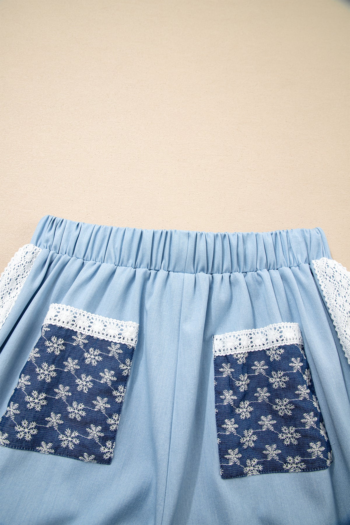Beau Blue Lace Accent Floral Patched Pocket Pleated Wide Leg Pants