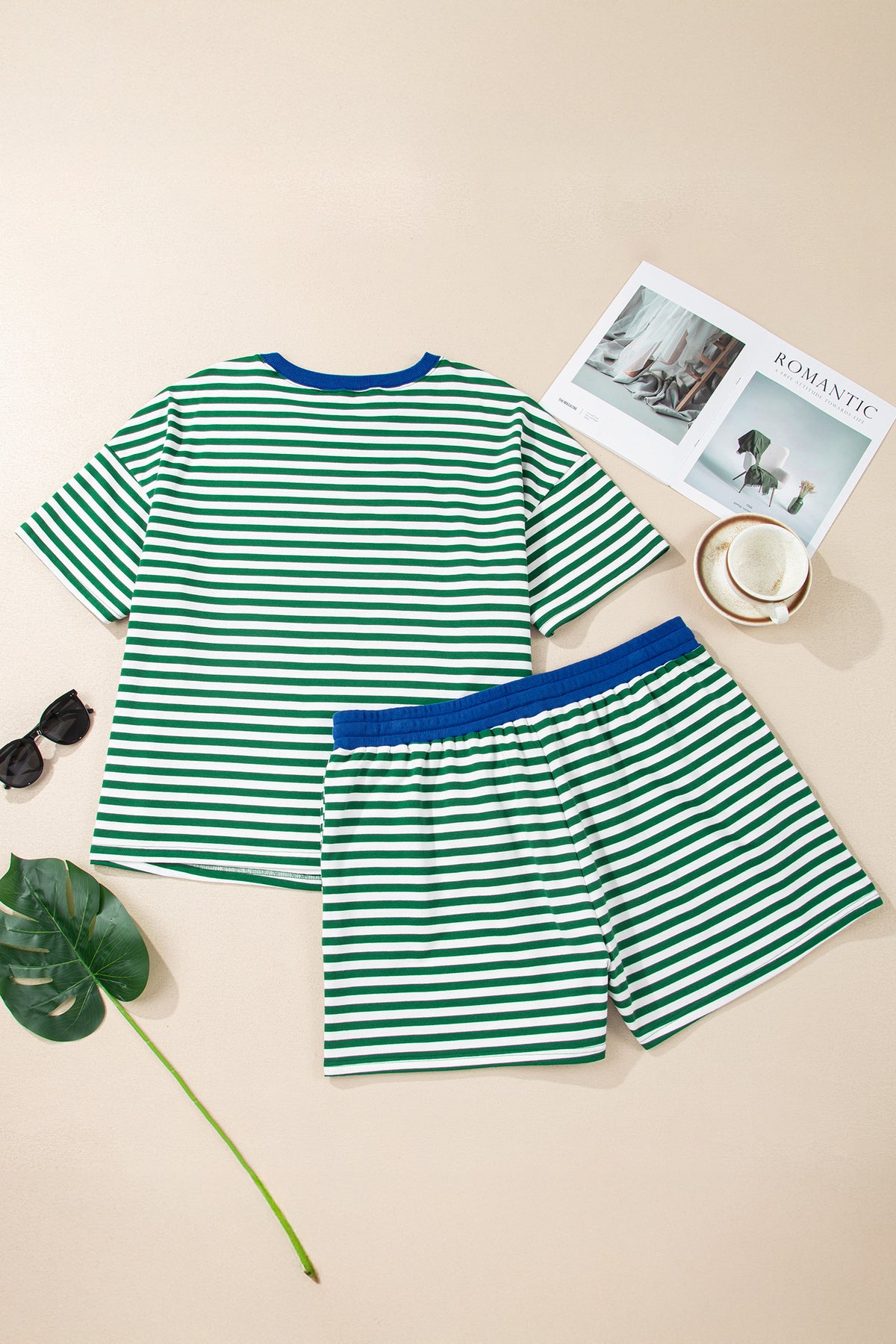 Green Stripe Boxy Tee Drawstring Elastic-Waist Plus Size Shorts Set