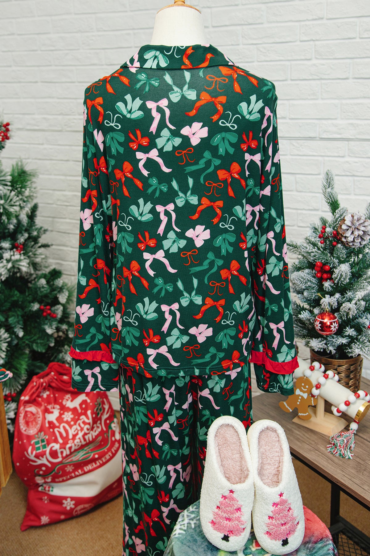 Green Festive Bow Print Pajama Pants Set