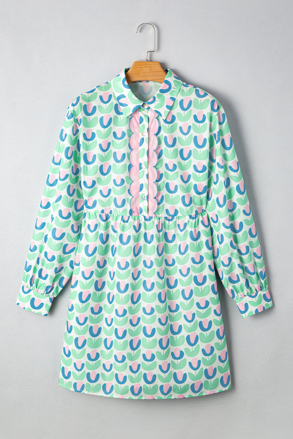 Green Floral Print Notched Neck Scalloped Long Sleeve Mini Dress