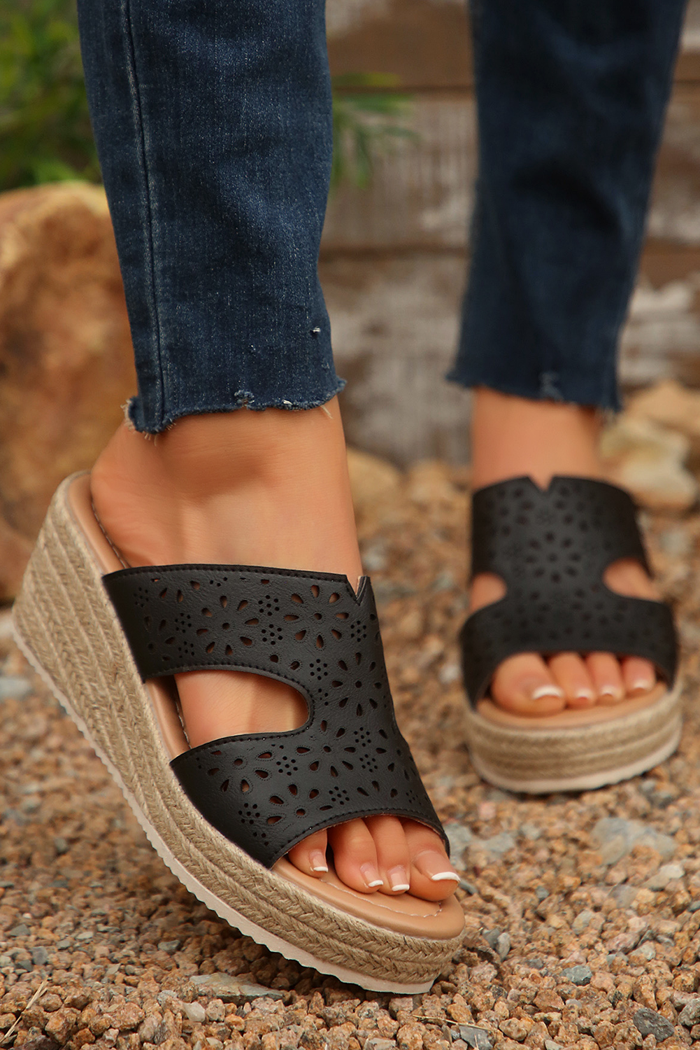 Black Flower Hollow Out PU Leather Wedge Sandals