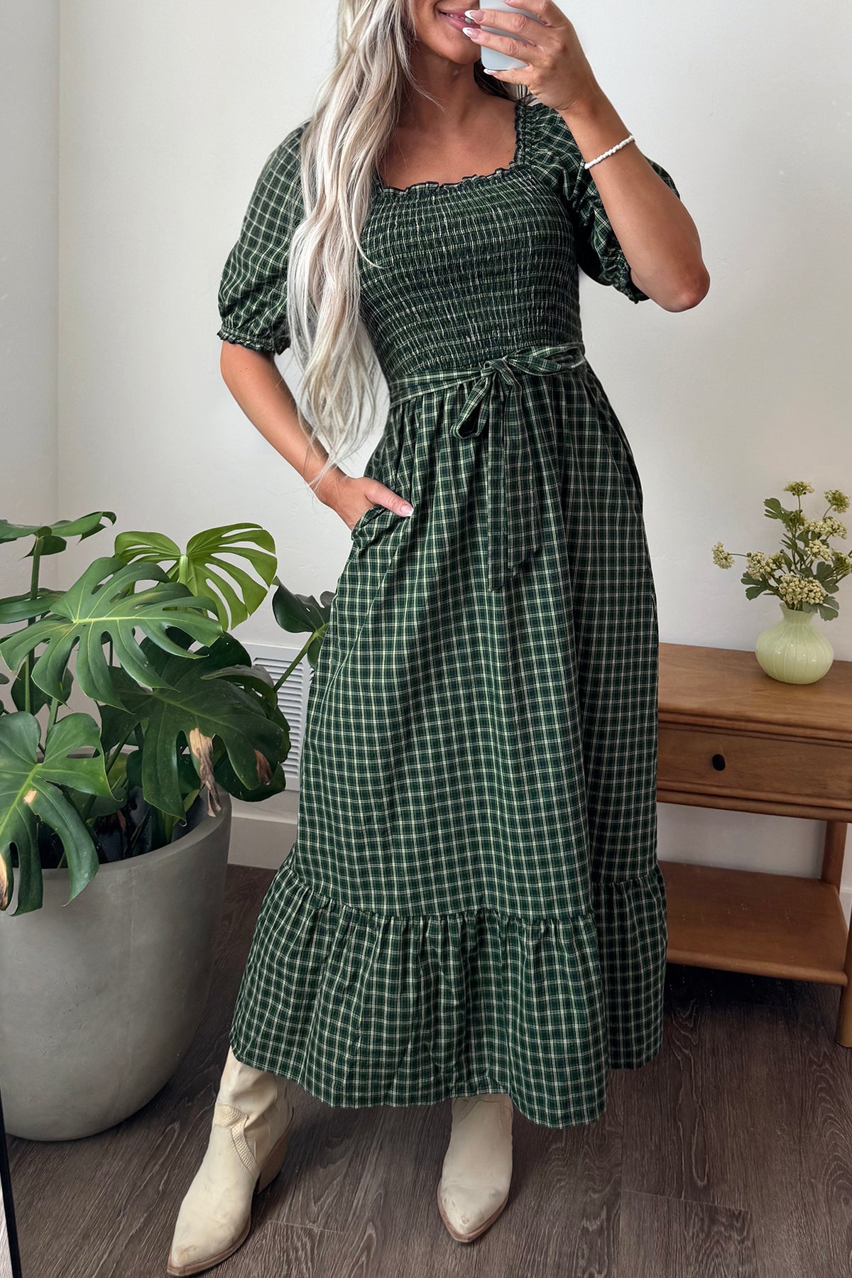 Green Plaid Ruffle Square-Neck Maxi Dress