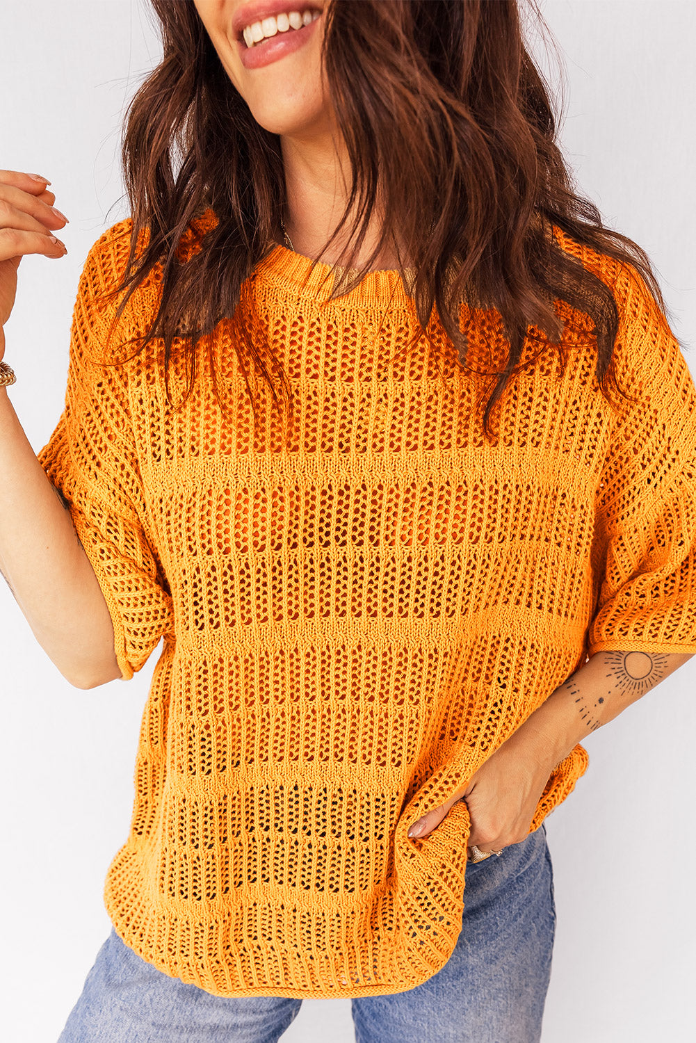 Mustard Hollow out Openwork Knit 3/4 Sleeve Sweater
