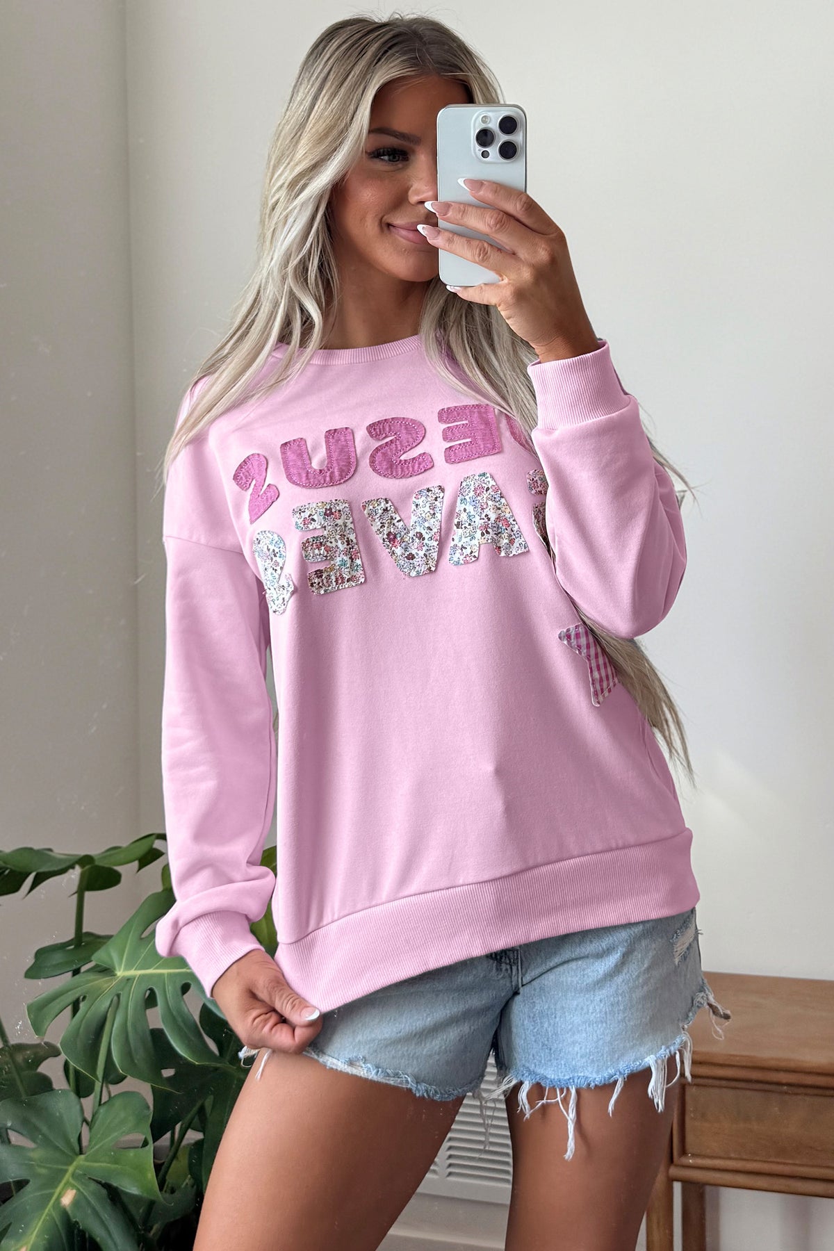 Pink Stars Plaid Unique Floral Letters Sweatshirt