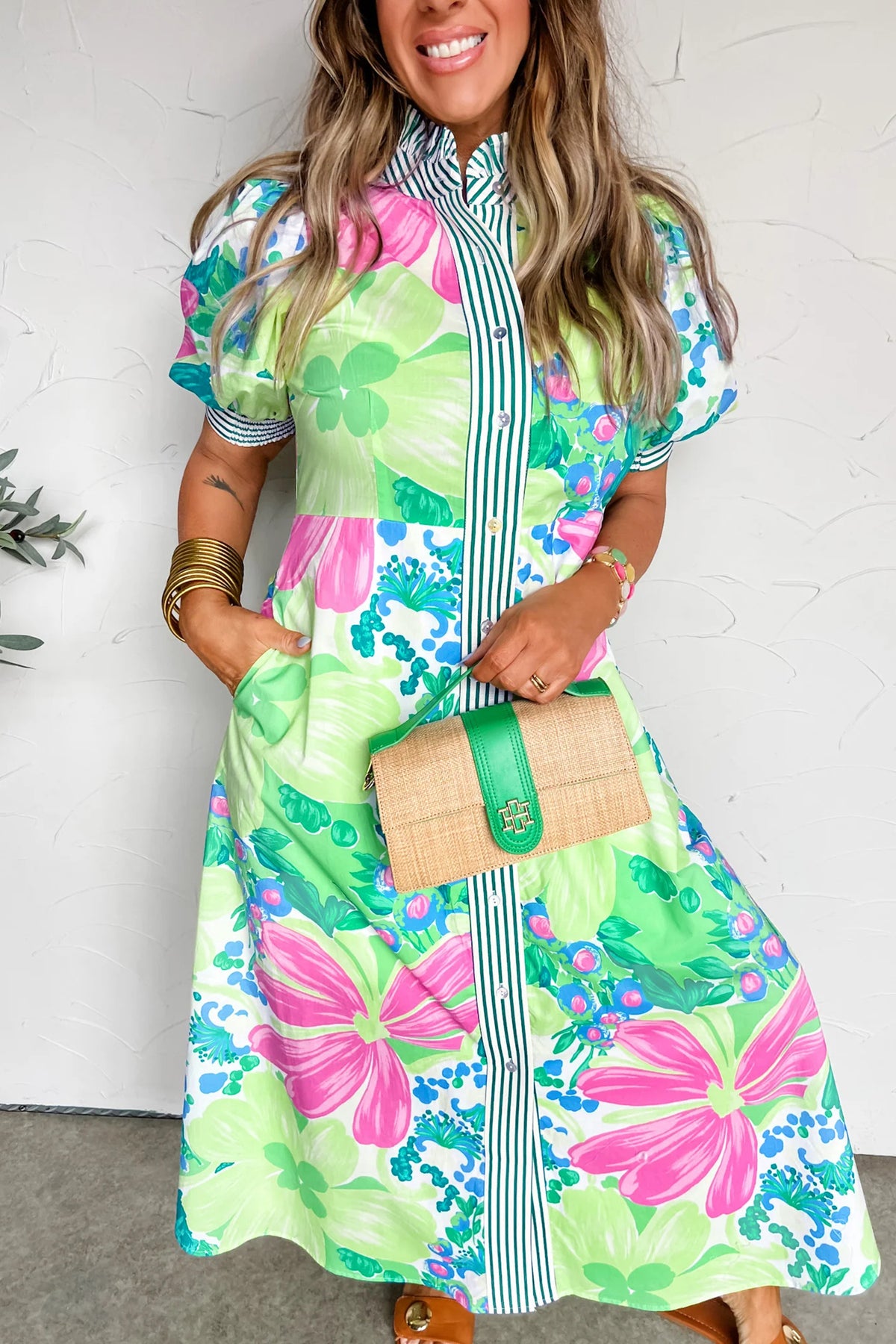 Green Stripe Floral Print Striped Short Sleeve Vacation Dress