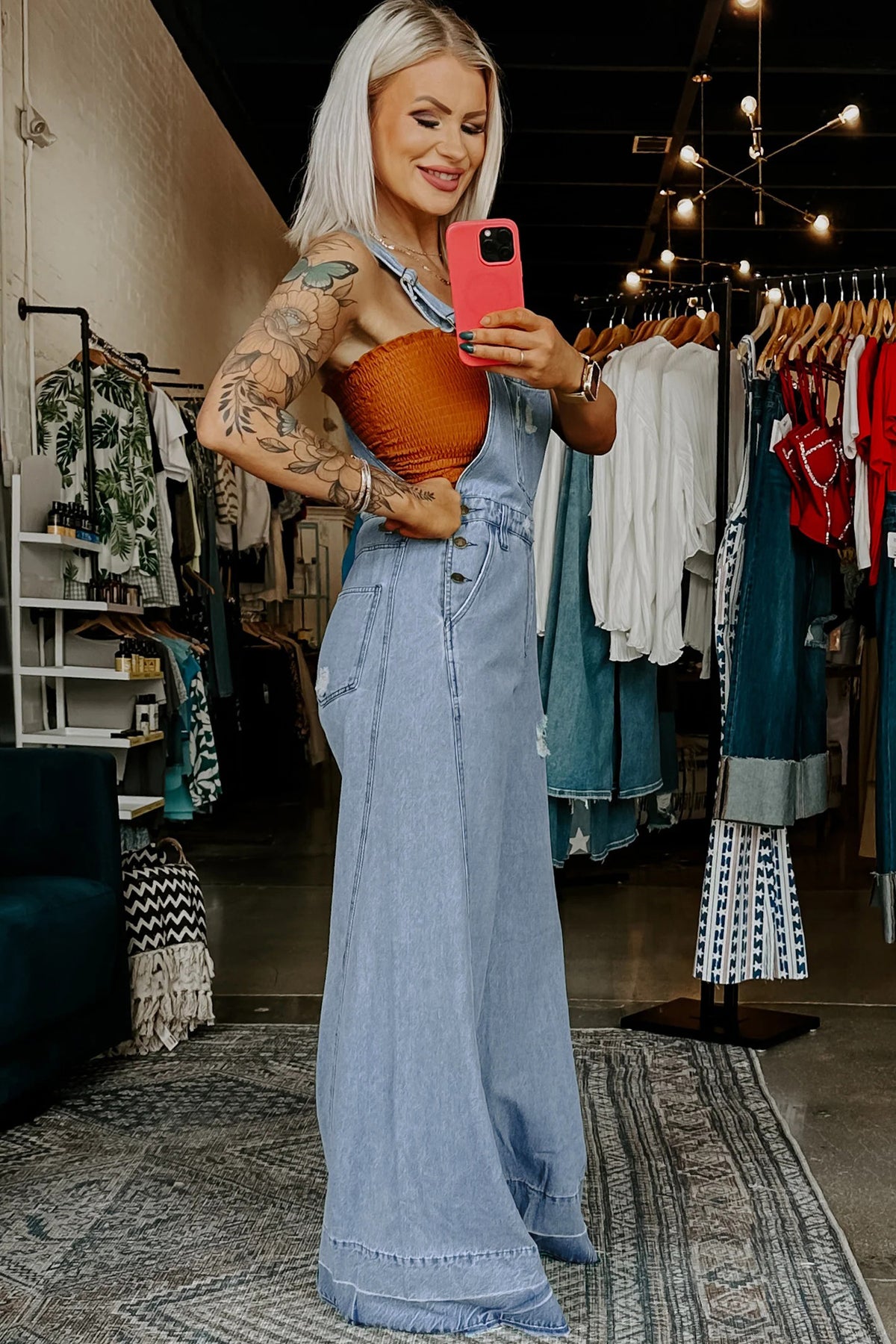 Mist Blue Retro Distressed Button Adjustable Straps Denim Jumpsuit