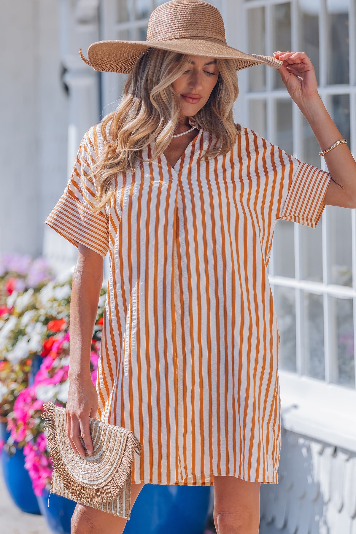 Brown Stripe V-Neck Mini Dress