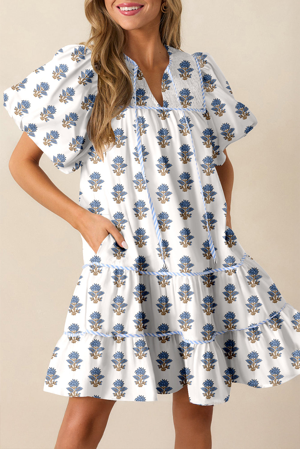 Sky Blue Floral Puff Sleeve Tied Neck Pocketed Mini Dress
