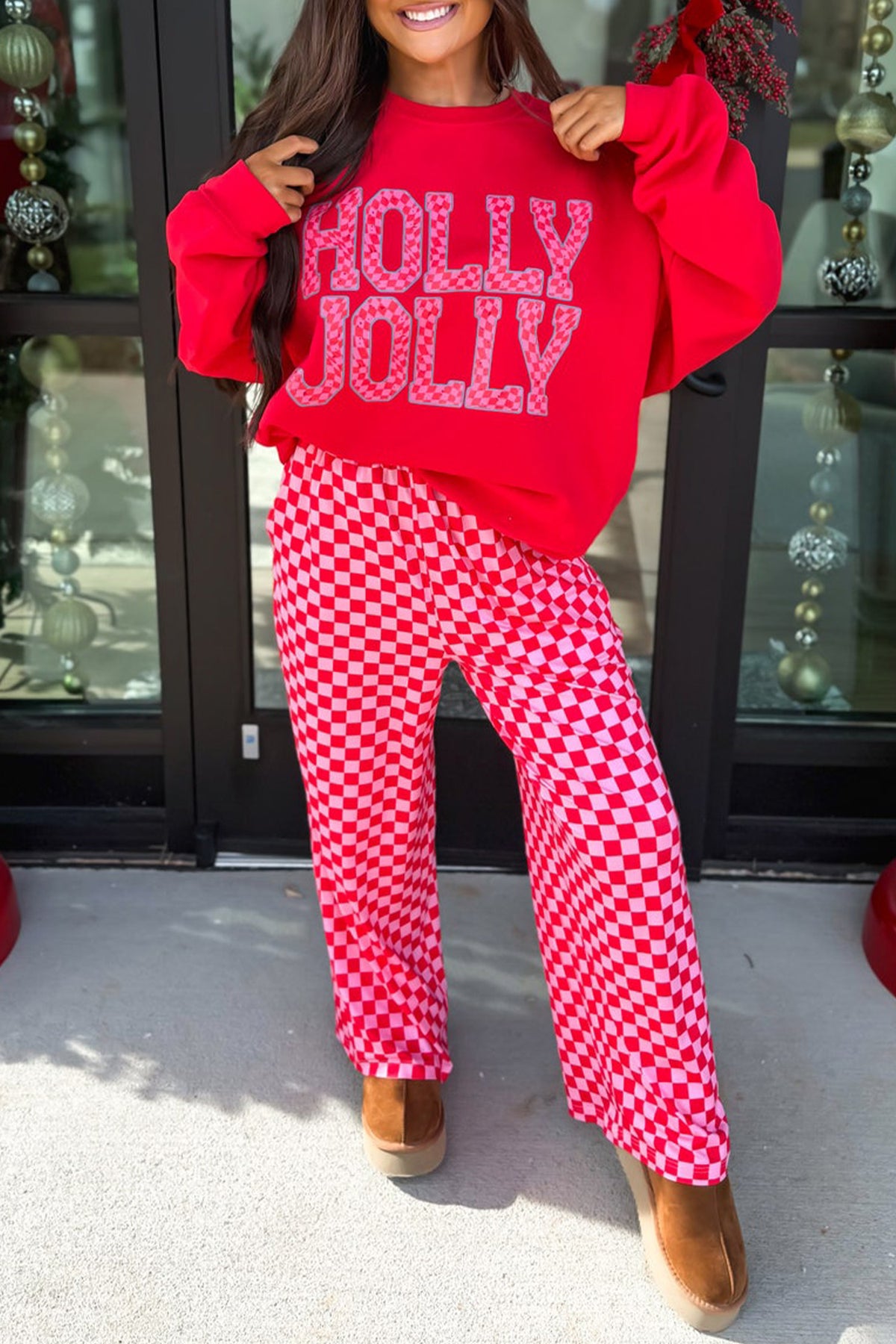 Women's Pink Christmas Slogan Graphic Plaid Contrast Two-piece Pants Set