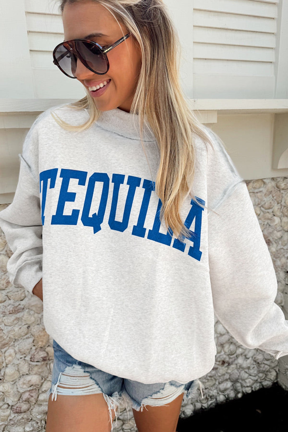 Light Gray TEQUILA HUNGOVER Reversible Print Mock Neck Sweatshirt
