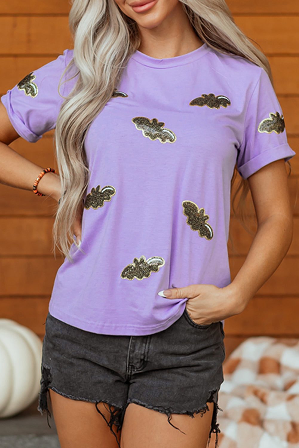 Wisteria Sequin Halloween Bat Patched Casual T-Shirt