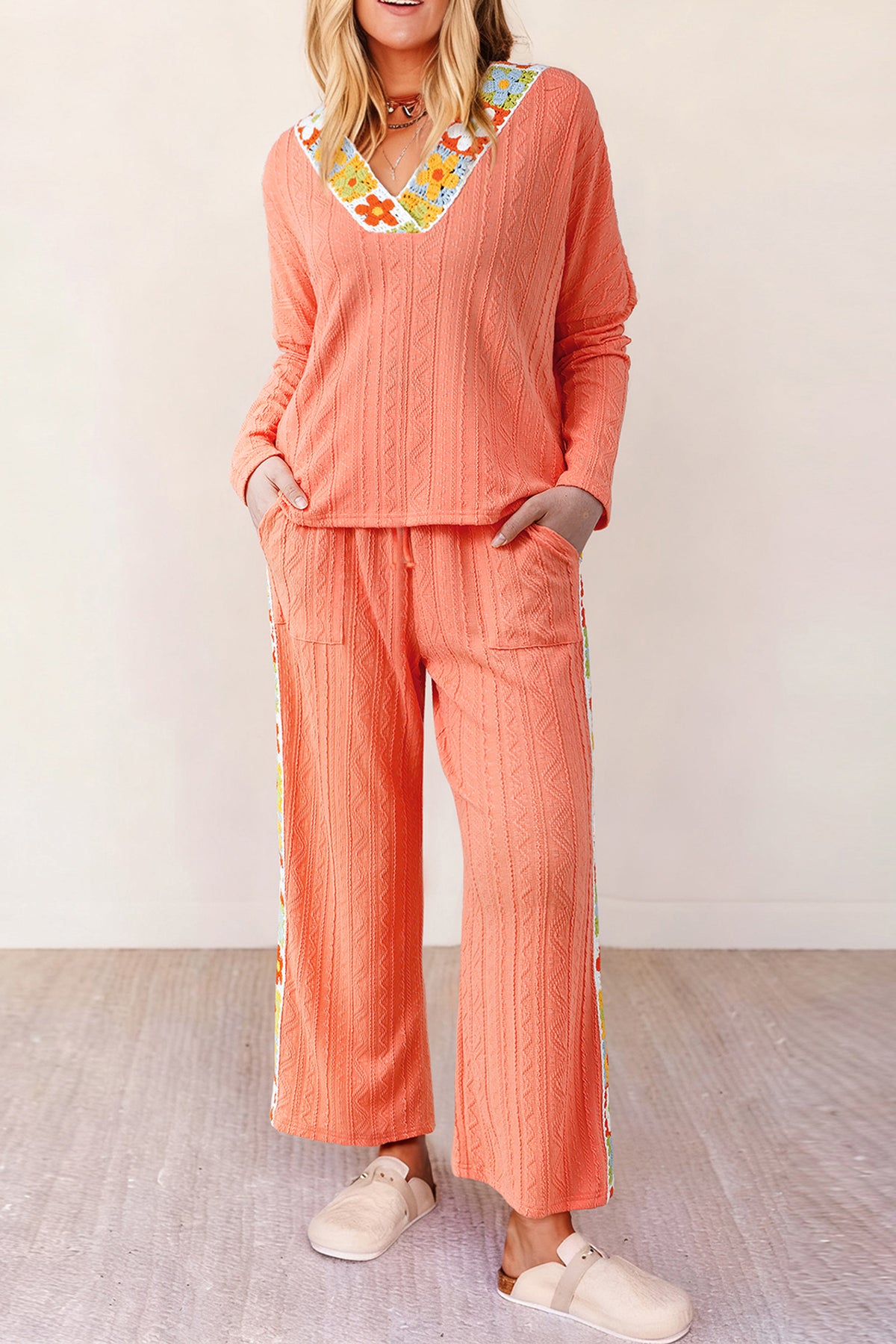 Women's Grapefruit Orange Crochet Floral Accent V-Neck Textured Pants Set