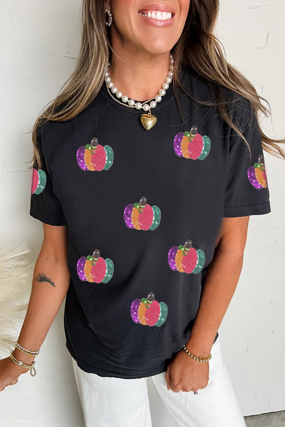 Black Sequined Pumpkin Graphic Round Neck Casual T-Shirt