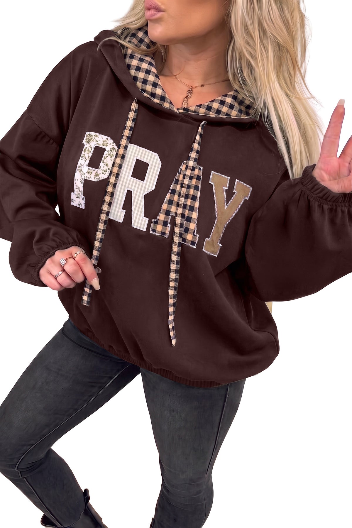 Black PRAY Mix Pattern Plaid Contrast Drawstring Hoodie