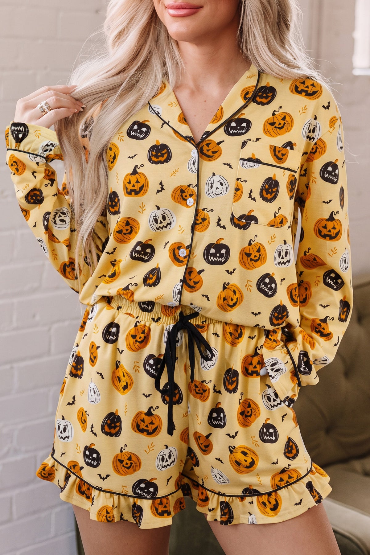 Orange Long Sleeve Ruffle Pumpkin Face Print Lounge Set