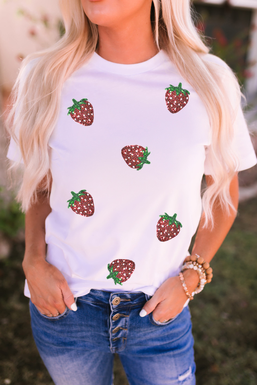 White Sequin Strawberry Patched Crew Neck T-Shirt