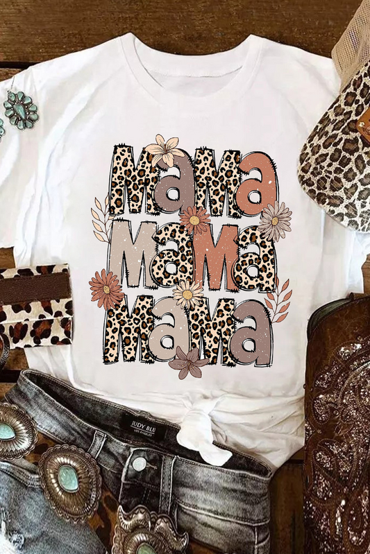 White Floral Leopard MaMa Graphic Mothers Day T-Shirt