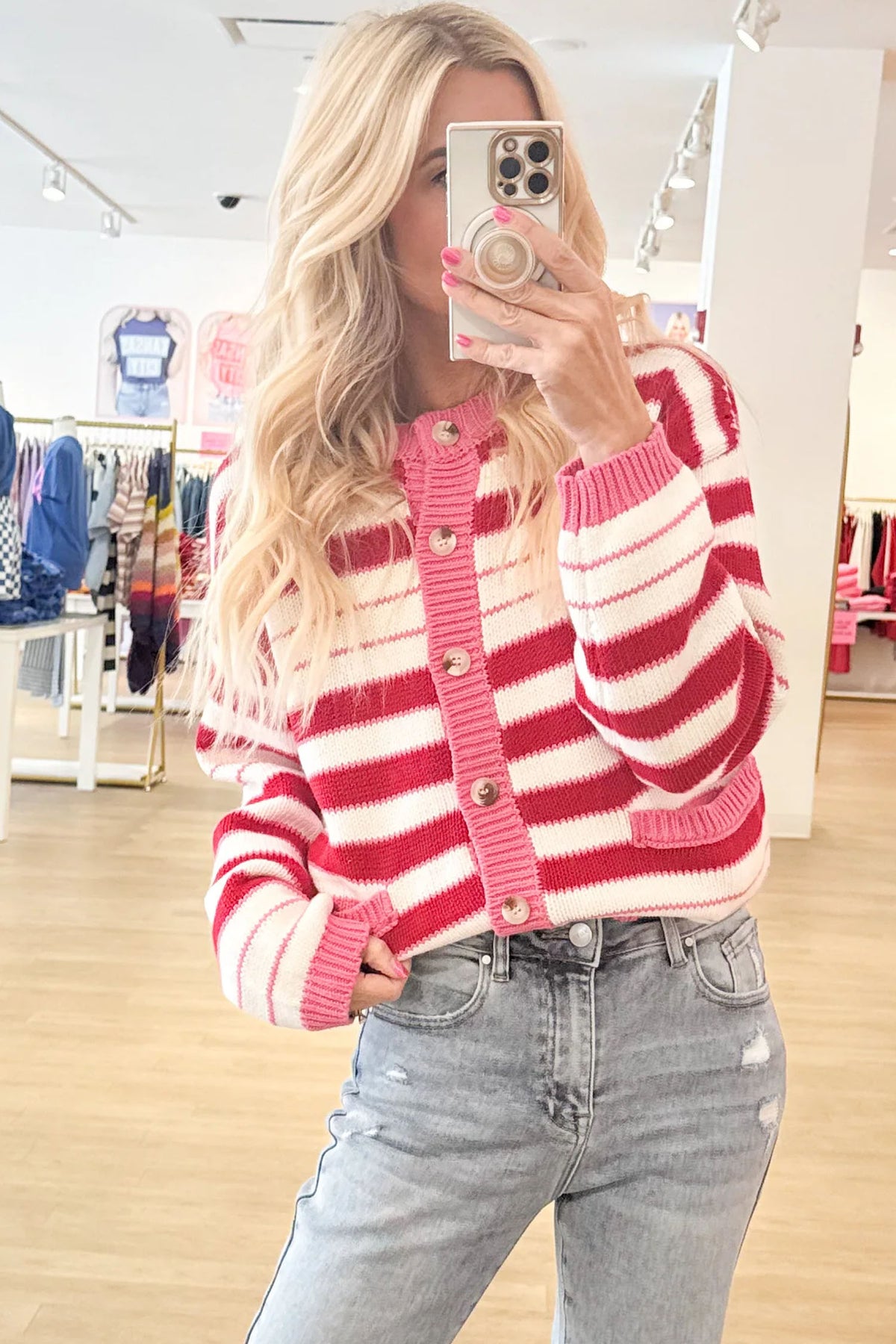 Red Stripe V Neck Long Sleeve Cardigan