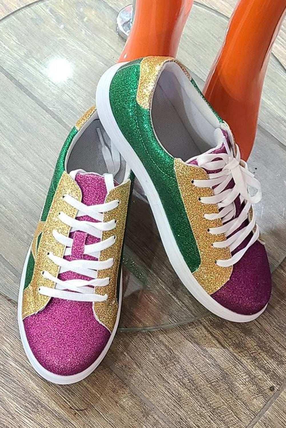 Deep Green Mardi Gras Triple Color Sequin Lace-Up Sneakers