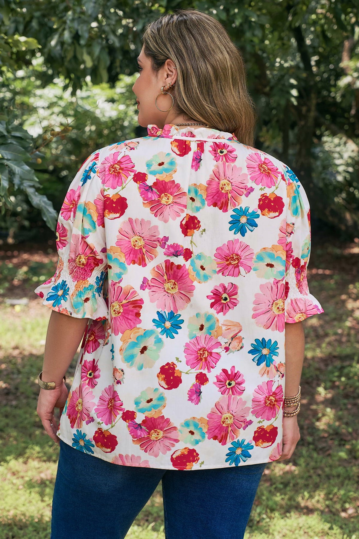 Pink Plus Size Floral Print Ruched Short-Sleeve Blouse