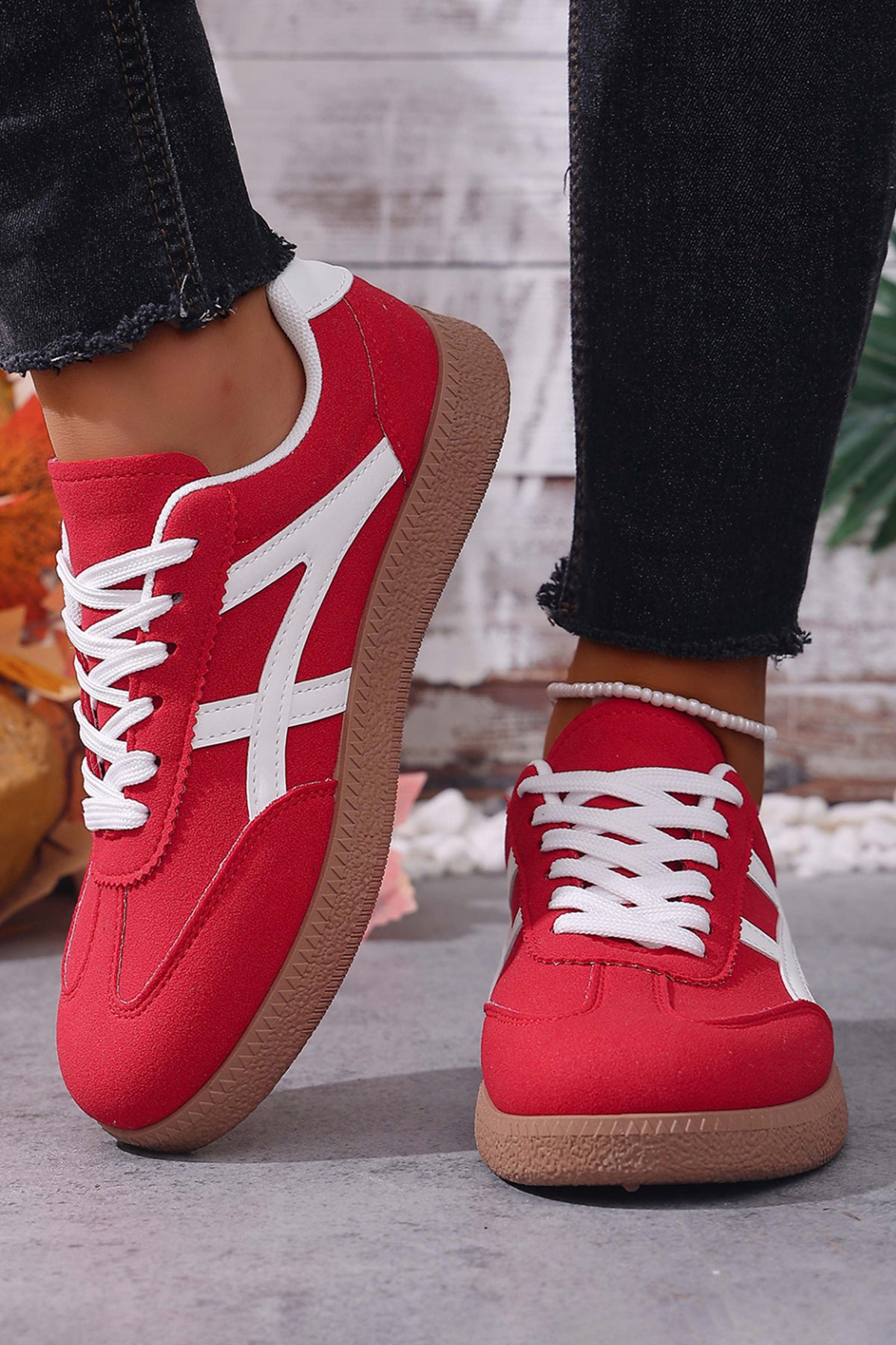 Racing Red Faux Suede Patchwork Lace-Up Sneakers