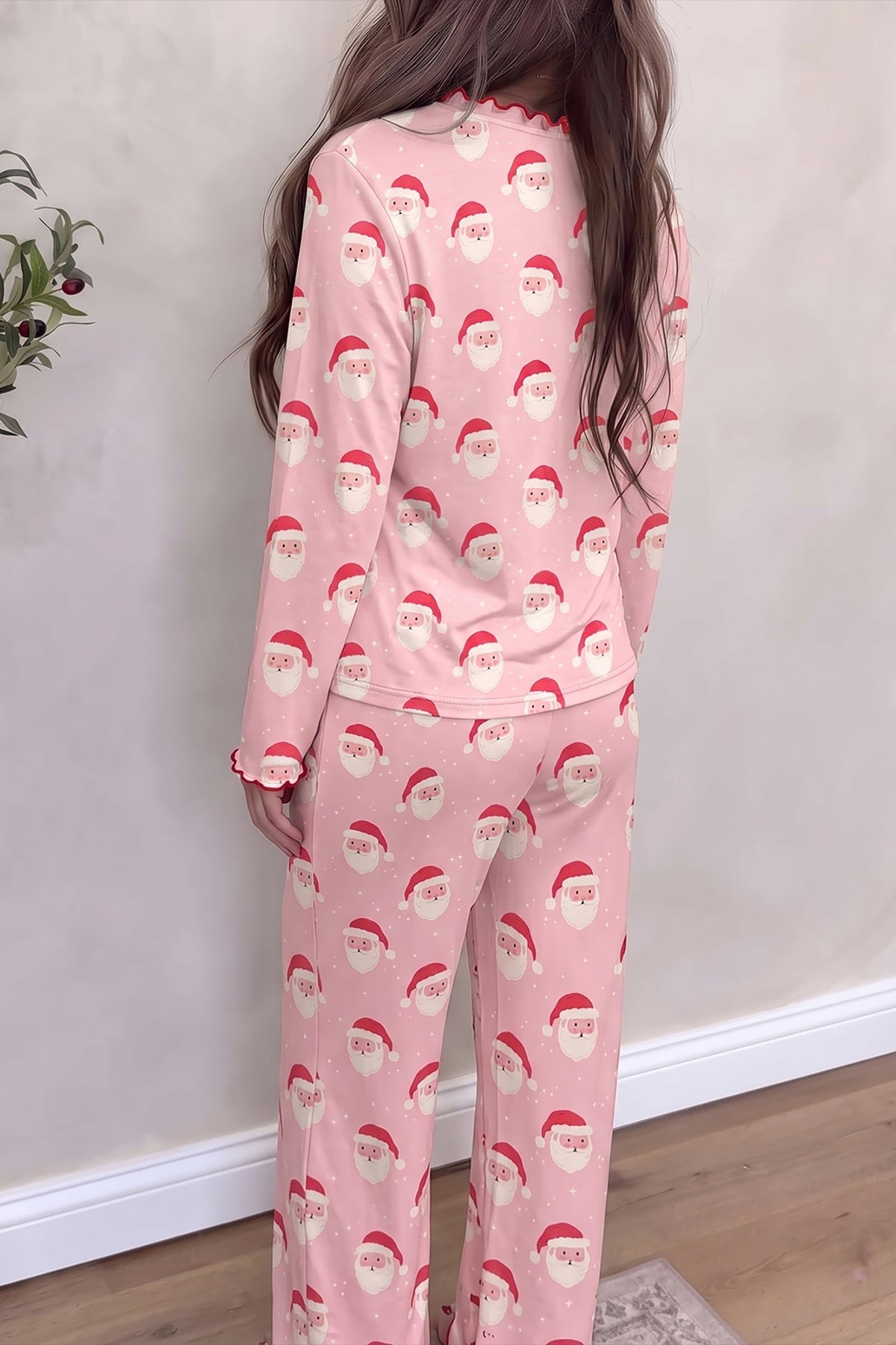 Pink Christmas Santa Print Long Sleeve Top Lounge Pant Set