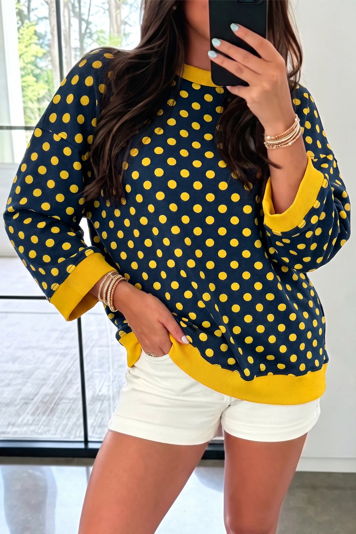 Green Polka Dot Print Round Neck Bracelet Sleeve Top