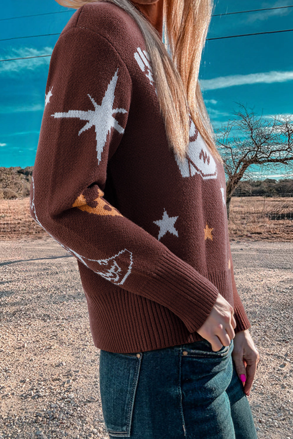 Brown Cowgirl Print Casual Sweater